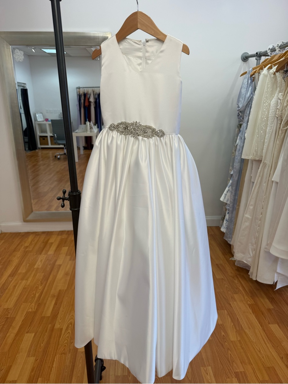 Amalee Classic White Satin Flower Girl Dress with Beaded Waist